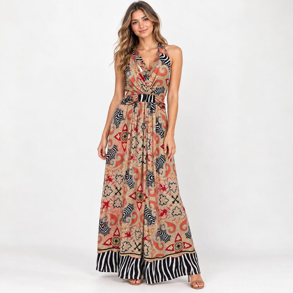 Soma Paisley Zebra Soft Jersey Maxi Dress Women's Size M Boho-chic Earthy Party